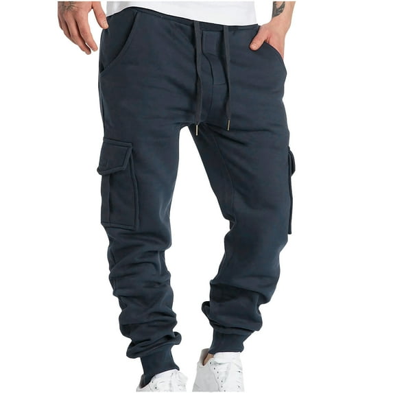 Idoravan Casual Pants for Men Men Fashion Solid Casual Elastic Waist with Pocket Trousers Sport Pants Navy L
