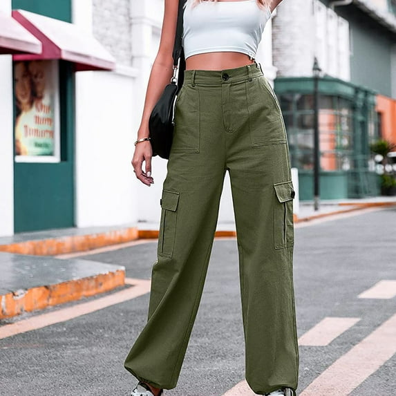 Idoravan Casual Pants for Women Women's Casual Elastic Button Pocket High Waist Drawstring Wide Leg Workwear Pants Green S
