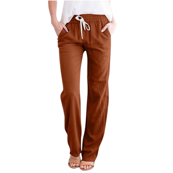 Idoravan Casual Pants for Women Clearance Women's Casual Wide Leg Pants Solid Elastic Waist Loose Long Pants with Pocket Coffee XXL