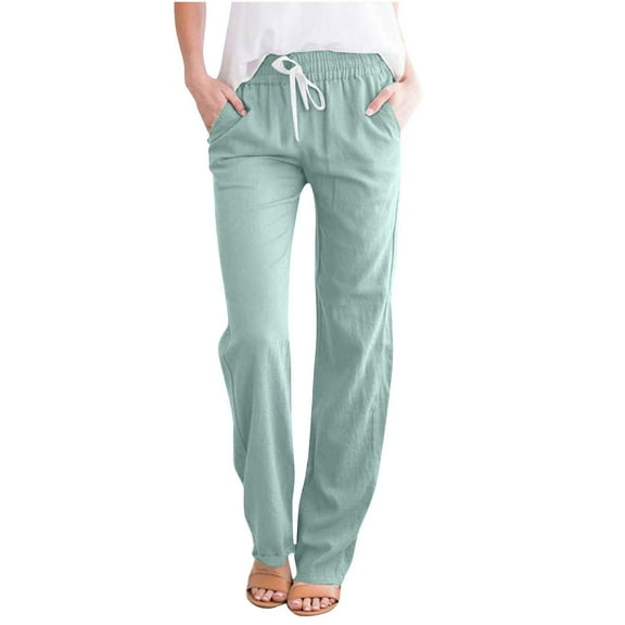 Idoravan Casual Pants for Women Women's Casual Wide Leg Pants Solid Elastic Waist Loose Long Pants with Pocket Mint Green S