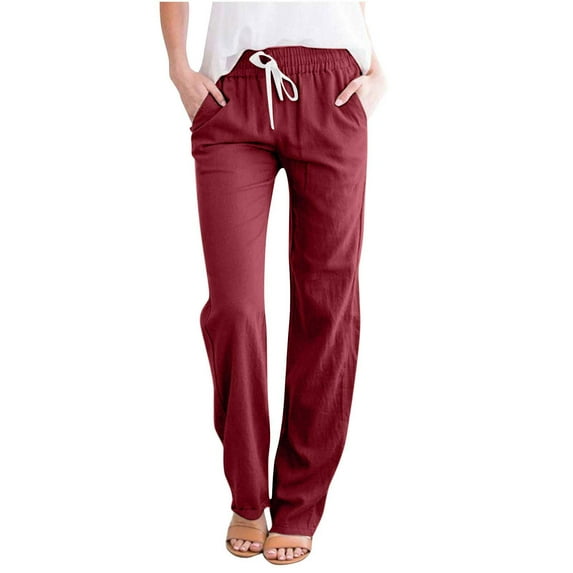 Idoravan Casual Pants for Women Women's Casual Wide Leg Pants Solid Elastic Waist Loose Long Pants with Pocket Wine S