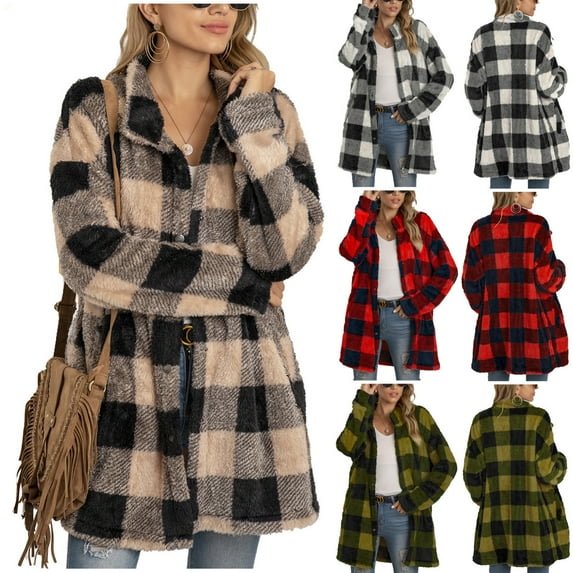 Idoravan Christmas Cardigan for Women Plus ,Women's Casual Christmas Plaid Printing Long Sleeve Buttons Plush Cardigan Coat Red