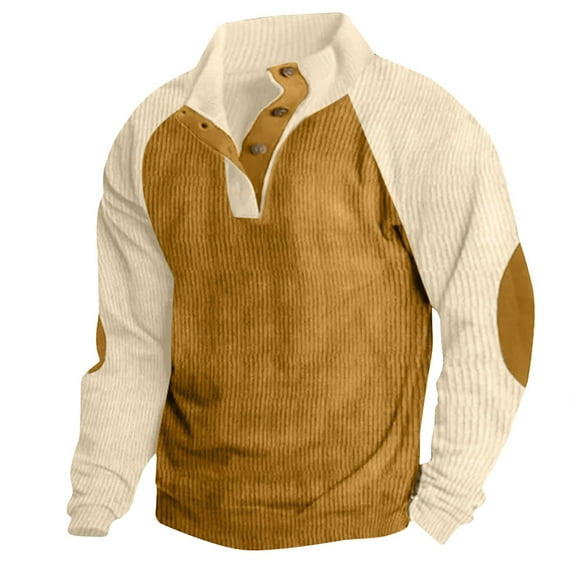 Idoravan Clearance Mens Tops Plus Size, Man Casual Patchwork Pullover Fashion Long Sleeve Stand Collar Button Blouse Khaki XXL