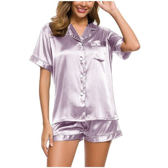 Idoravan Clearance Women Classic Button Down Soft Short Pajamas Set Women's Summer Fashion Loose Casual Half V-Neck Solid Mid-Calf Shirt Pajama Sets Purple M