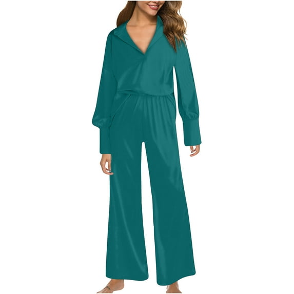 Idoravan Clearance Women's Sleepwear Set Women Satin Pajamas Set Long Sleeve Silk Top and Wide Leg Pants Pjs Lounge Sets with Pockets Dark Blue S