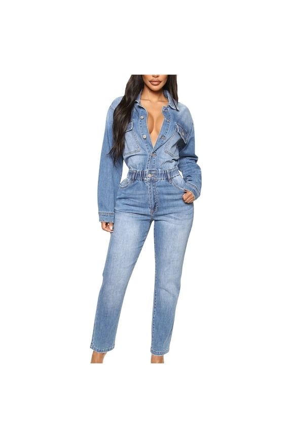 Denim Jumpsuits and Rompers Woman Women Long Sleeved Shirt Collar With Waistband And Slim Elastic Small Cuffs With Pockets Denim Jumpsuit