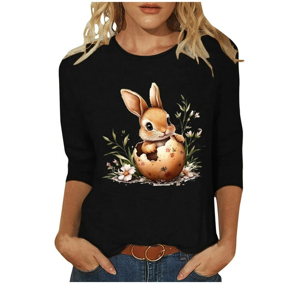 Idoravan Easter Fashion Women's Casual Printed Long Sleeve Round Neck Hoodless Sweatshirt Tops
