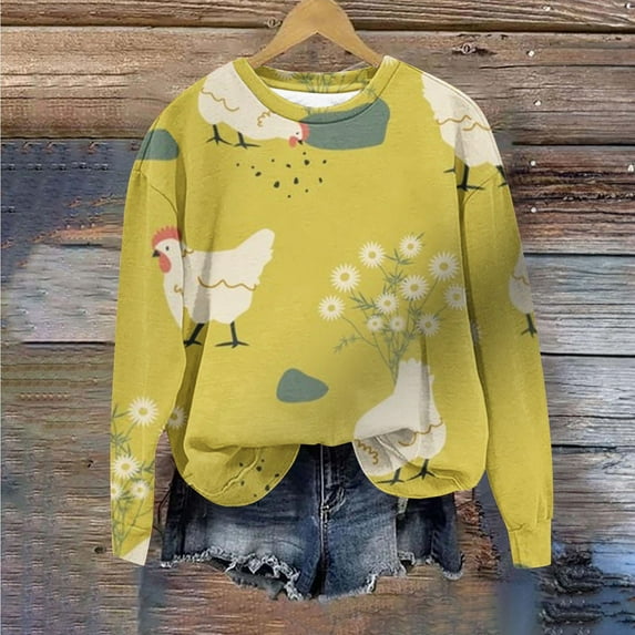 Idoravan Easter Fashion Women's Casual Printed Long Sleeve Round Neck Hoodless Sweatshirt Tops