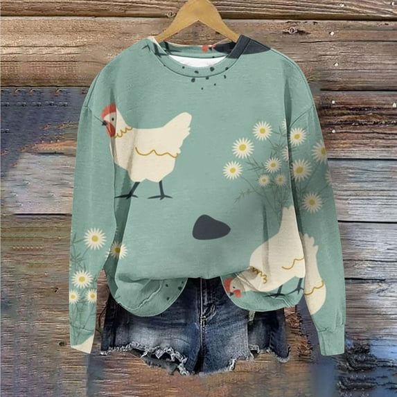 Idoravan Easter Fashion Women's Casual Printed Long Sleeve Round Neck Hoodless Sweatshirt Tops