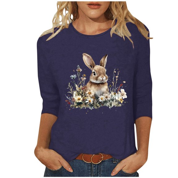 Idoravan Easter Women's Fashion Printed T-shirt 3/4 Sleeves Blouse Round Neck Casual Tops
