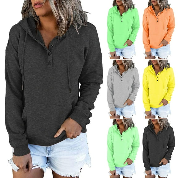 Idoravan Essentials Hoodie Woman Womens Hoodies Pullover Women's Hooded Solid Color Long sleeve Sweatshirt Casual Blouse Pullover Tops Quarter Button Pullover Gray