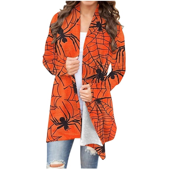Idoravan Fall Cardigans for Women Trendy Women's Fashion Printed Long Sleeved Cardigan Jacket Orange S