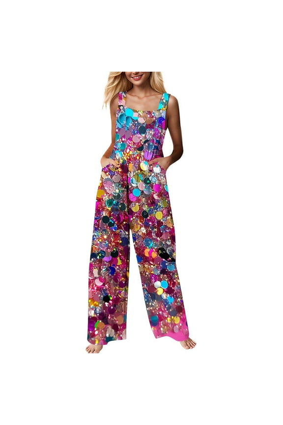 Fashion Jumpsuit for Women Jumpsuit for Women Sleeveless Women's Printed Jumpsuit Casual Button Pocket Sleeveless Wide Leg Trousers
