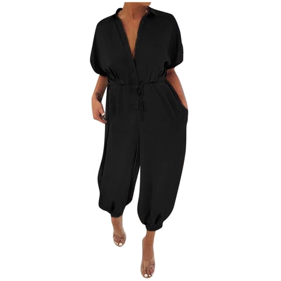 Idoravan Fashion Jumpsuit for Women Short Sleeve Women Leopard Print Lapel Slim Long Button Rompers Short Sleeve Jumpsuits