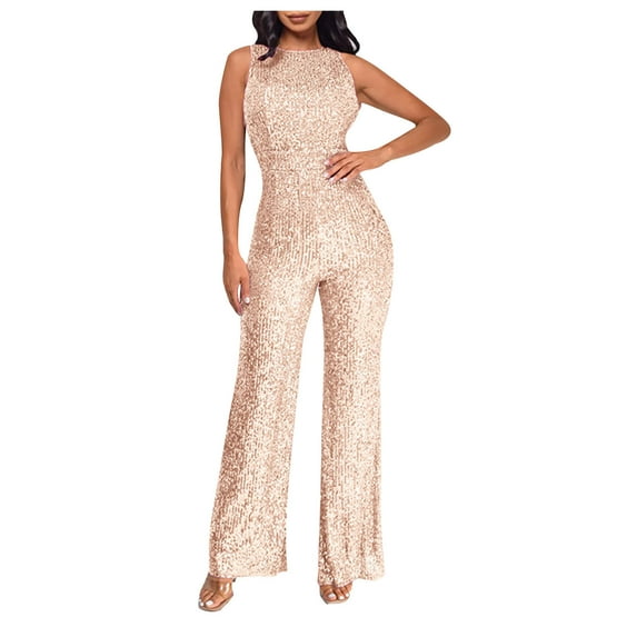 Idoravan Fashion Jumpsuit for Women Sleeveless Women'S Solid Color High-Waisted Sleeveless Round Neck Off-The-Shoulder Sequin Slim Long Sequin Romper