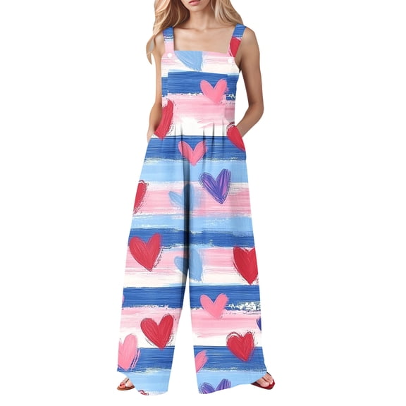 Idoravan Fashion Jumpsuit for Women Sleeveless Women's Printed Jumpsuit Casual Button Pocket Sleeveless Wide Leg Trousers