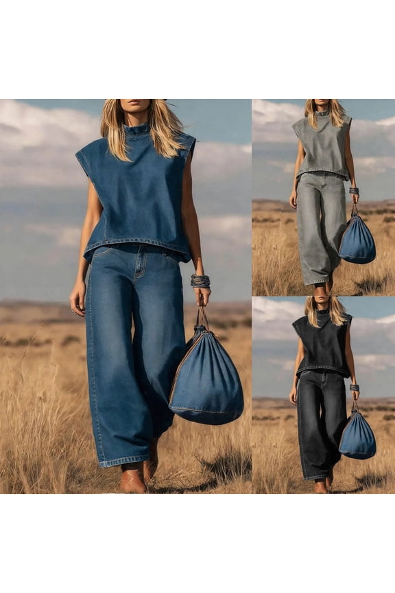 Women Clothes 2 Piece Denim Sets for Women Denim Tops for Women Jeans for Women Fashion Women Round-Neck Sleeveless and Long Pants Pocket Casual 2Pc Sets