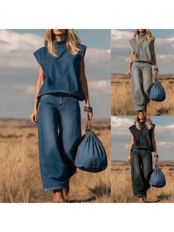 Women Clothes 2 Piece Denim Sets for Women Denim Tops for Women Jeans for Women Fashion Women Round-Neck Sleeveless and Long Pants Pocket Casual 2Pc Sets