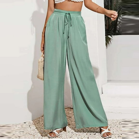 Idoravan Fashion Women Summer Casual Loose Pocket Solid Trousers Wide Leg Pants