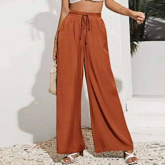Idoravan Fashion Women Summer Casual Loose Pocket Solid Trousers Wide Leg Pants