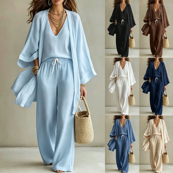 Idoravan Women Clothes 3 Piece Sets for Women Tank Tops Wide Leg Pants Cover Jacket Fashion Women V-Neck Sleeveless Tank Long Sleeve Cardigan and Long Pants Casual 3Pc Sets