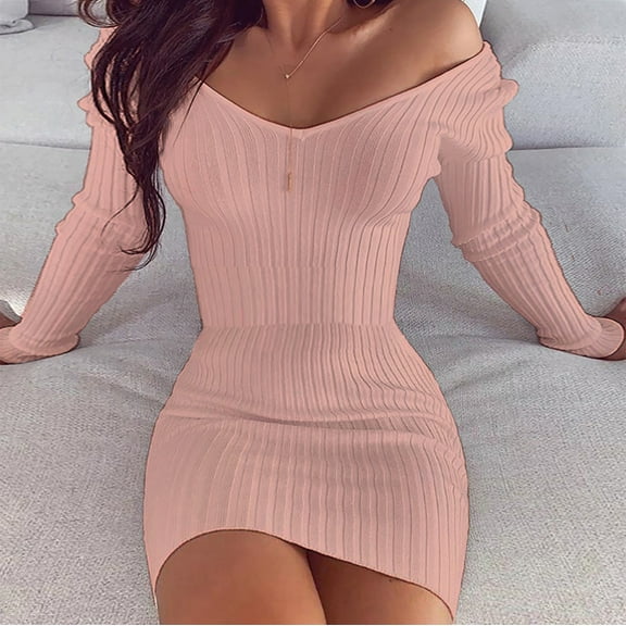 Idoravan Fashion Women's Sexy Solid V-Neck Long-sleeved Sheath Tight Mini Dress