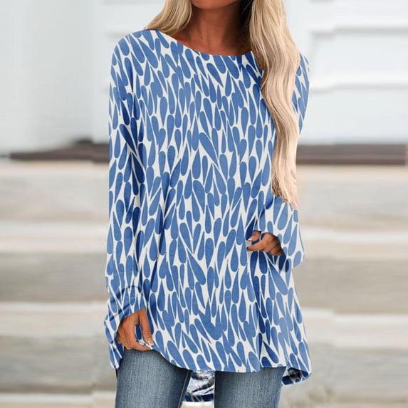 Idoravan Fashion Womens Casual Printing Pullover Tops Clearance Round Neck Long Sleeve Loose T-Shirt