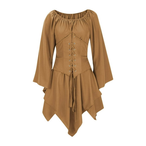 Idoravan Festive evening dresses women Women Costumes Gothic Retro Long Sleeve Corset Dresses Long Sleeve Round-Neck Knee-High Renaissance Dresses XL