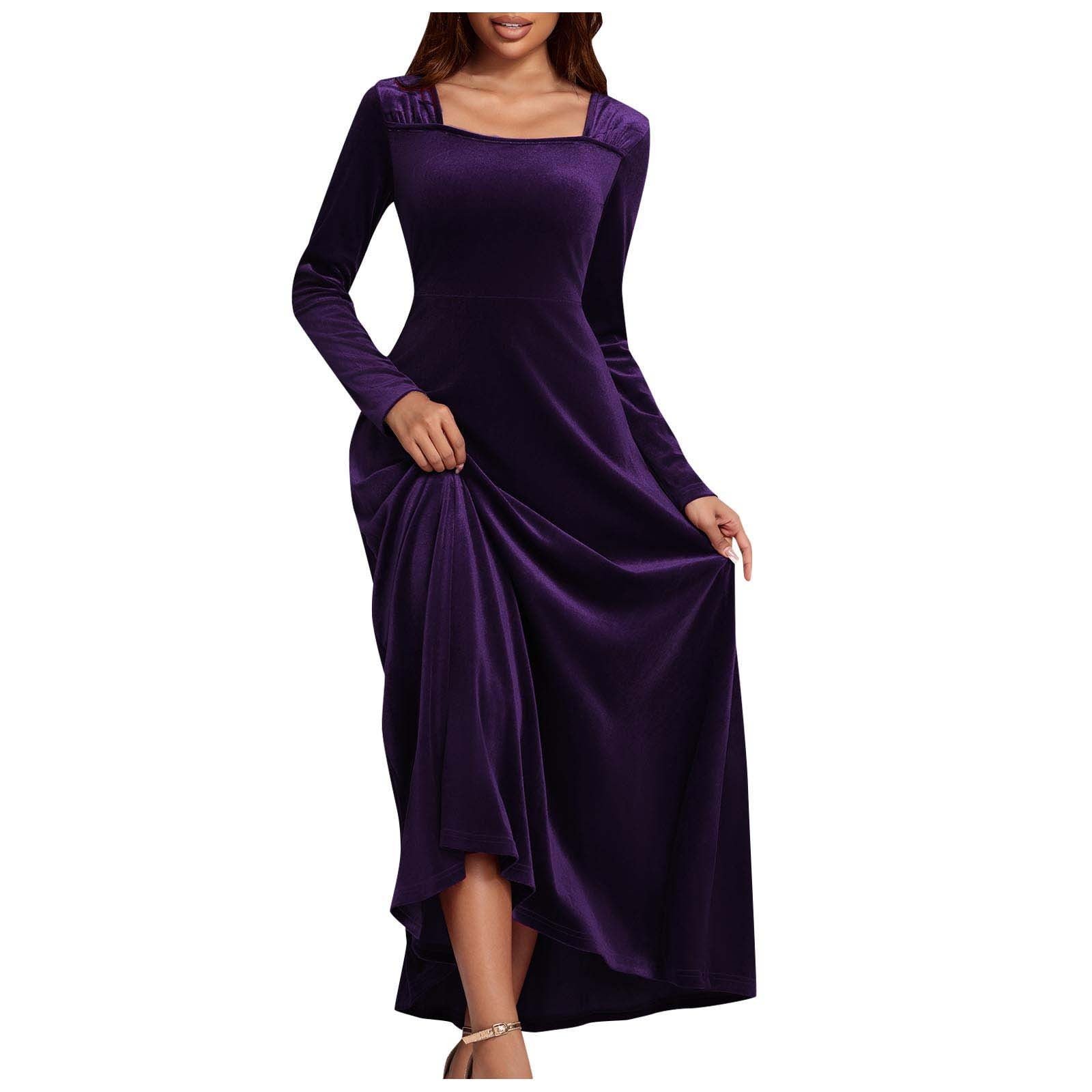 Idoravan Festive evening dresses women Women's Long Sleeved V-neck Velvet Long Dress With Slim Temperament Velvet Dress Formal Dress Red M