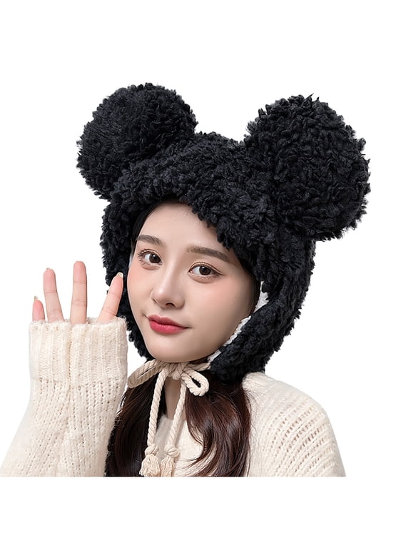 Fuzzy Bear Hat Unisex Fluffy Faux Fur Animal Critter Cap Womens Winter Hats with Ear Flaps Women Cute Thick Hat Protectors Warm Hat Bandage