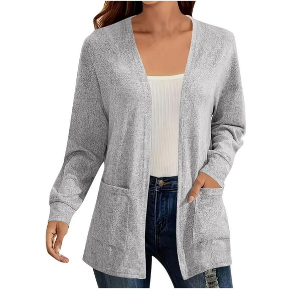 Idoravan Gray Cardigan for Women Women's Color Long Sleeve Casual Tops Blouse with Pocket Cardigan