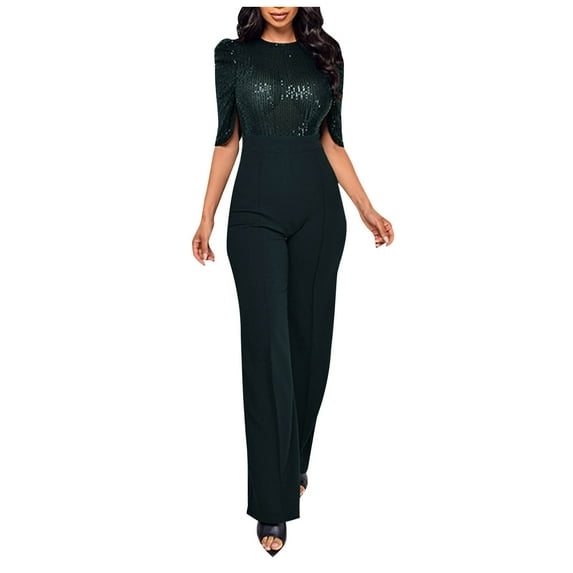 Idoravan Green Jumpsuit Women Casual Women'S Solid Color High-Waisted Sleeveless Off-The-Shoulder Sequin Slim Long Sequin Romper