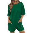 thumbnail image 1 of Idoravan Green Jumpsuit Women Casual Women's Solid Oversized Athletic Tee Romper Back V Neck Half Short Sleeve Wearing Both Front And Back Workout Rompers Casual Shorts Jumpsuit With Pockets, 1 of 8