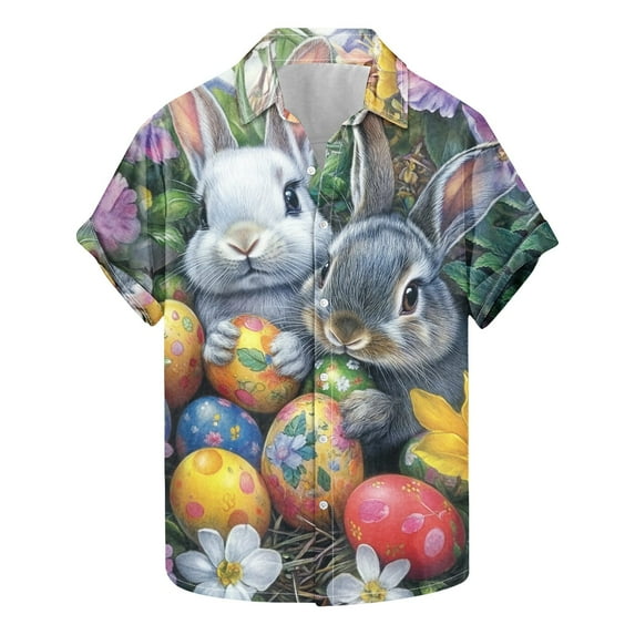 Idoravan Hawaiian Shirt for Men Mens Shirts Button Up Casual Men's Casual And Fashionable Easter Printed Short Sleeved Button Up Collared Shirt Top