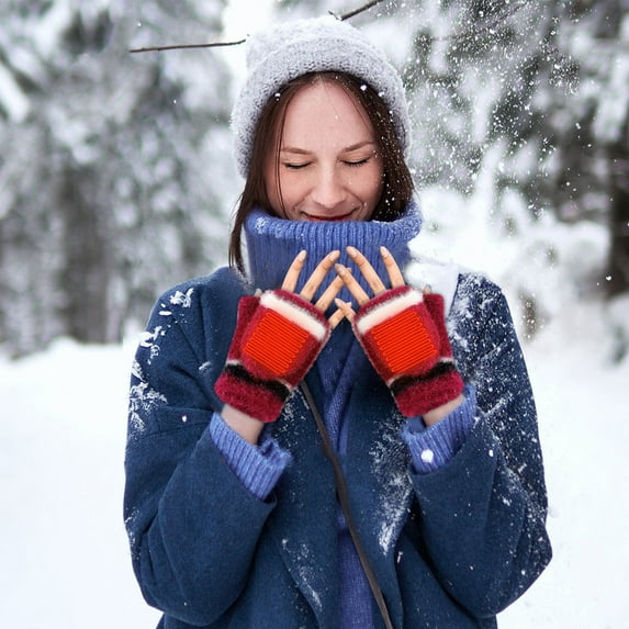 Idoravan Heated Gloves for Men Women Rechargeable ,USB Winter Men Women Fashion Cold Warm Heating Windproof Half Bare Finger Knit Gloves Wine