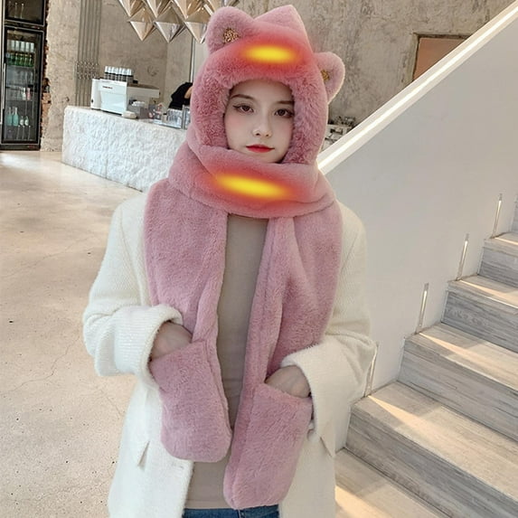 Idoravan Heated Hat for Men Women Rechargeable ,Winter Women USB Heated Hat Cute Ears Hooded Warm Soft Cap Scarves with Pocket Pink