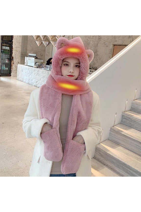 Heated Hat for Men Women Rechargeable ,Winter Women USB Heated Hat Cute Ears Hooded Warm Soft Cap Scarves with Pocket Pink