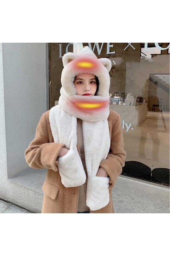 Heated Hat for Men Women Rechargeable ,Winter Women USB Heated Hat Cute Ears Hooded Warm Soft Cap Scarves with Pocket White