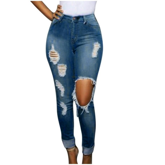 High Waisted Jeans for Women Ripped Women Button Pocket Hole High Waist Elastic Pants Skinny Slim Casual