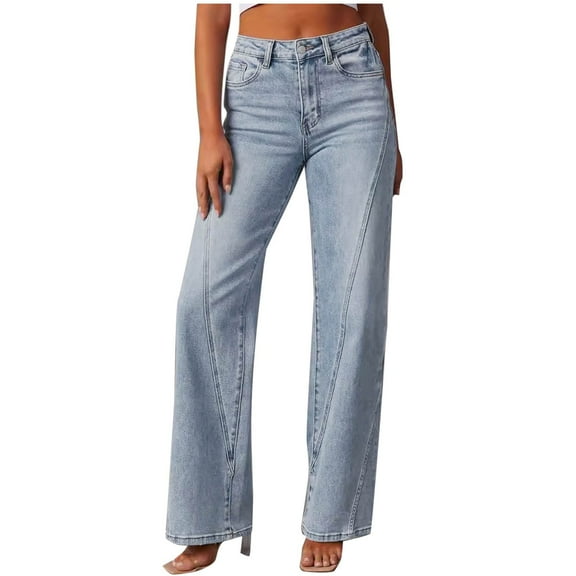 Idoravan High Waisted Jeans for Women Straight Leg Women Fashionable Elastic Straight-Leg High-Waisted Pocket Full Length Pants Jeans