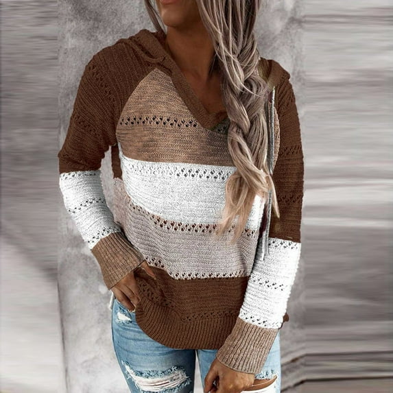 Idoravan Hoodies for Women, Women's Hooded Sweatshirt, Fashion Women Casual Patchwork V-Neck Long Sleeves Hooded Sweater Blouse Tops Wine XXXL