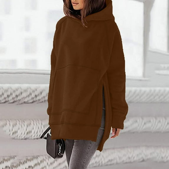 Idoravan Hoodies for Women, Women's Hooded Sweatshirt, Fashion Women's Casual Long Sleeve Round Neck Ladies Pocket Solid Hooded Sweatshirts Tops Blouse Brown L