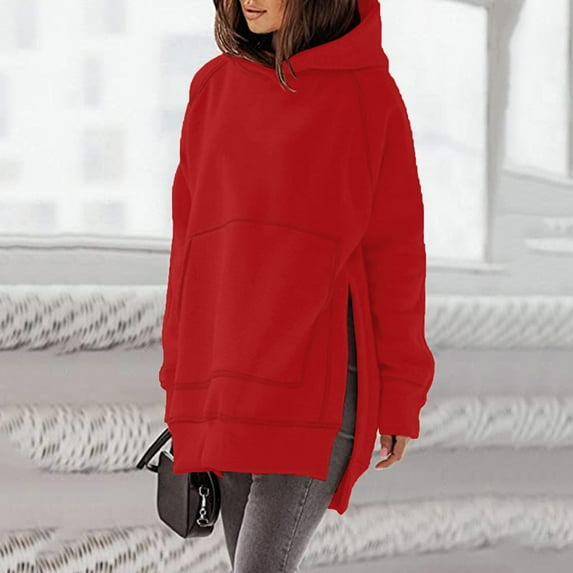 Idoravan Hoodies for Women, Women's Hooded Sweatshirt, Fashion Women's Casual Long Sleeve Round Neck Ladies Pocket Solid Hooded Sweatshirts Tops Blouse Red M