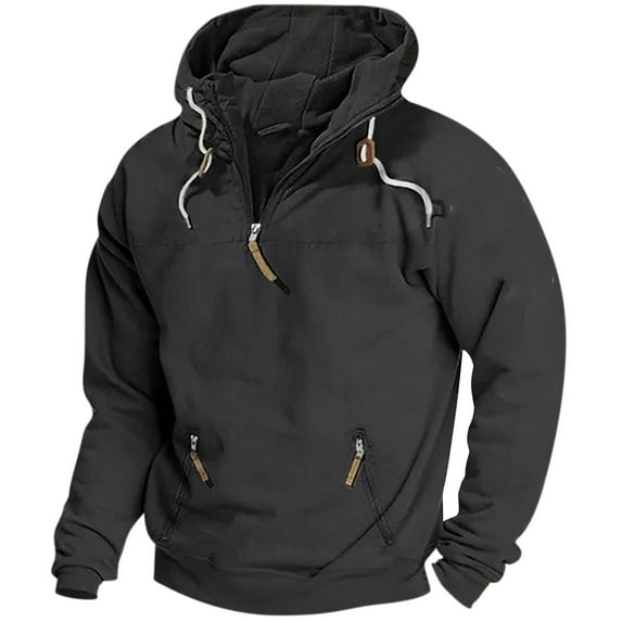 Idoravan Hoodies for Men Men Casual Fashion Half Zipper Pocket Pullover Long Sleeve Tops Sweatshirt Black L
