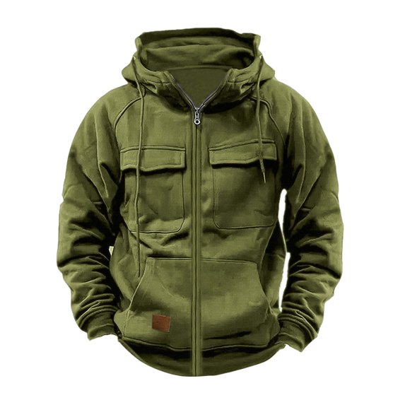Idoravan Hoodies for Men Clearance Men Casual Fashion Solid Multi-Pocket Zipper Long Sleeve Tops Blouse Hoodie Sweatshirts Army Green L