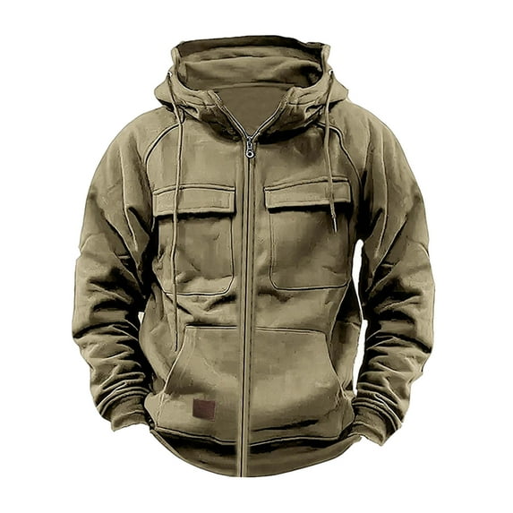 Idoravan Hoodies for Men Clearance Men Casual Fashion Solid Multi-Pocket Zipper Long Sleeve Tops Blouse Hoodie Sweatshirts Khaki XL