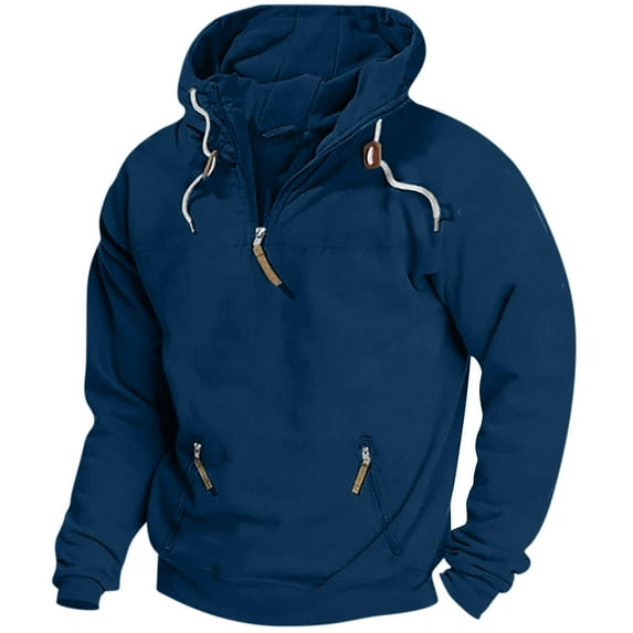 Idoravan Hoodies for Men Men Casual Fashion Half Zipper Pocket Pullover Long Sleeve Tops Sweatshirt Blue XL