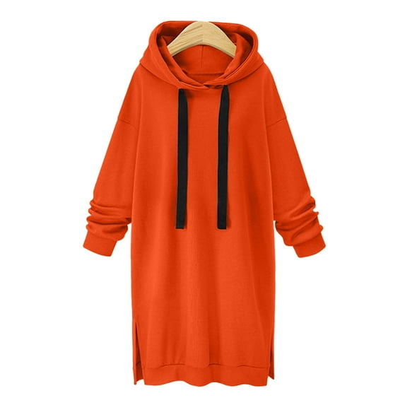 Idoravan Hoodies for Women, Women's Hooded Sweatshirt, Women's Color Long Velvet Loose Casual Long Sleeved Hooded Tops Orange L
