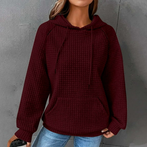 Idoravan Hoodies for Women, Women's Hooded Sweatshirt, Women's Solid Raglan Sweater Hooded Sweater Long Sleeve Top Sweater Wine S