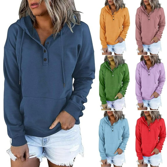 Idoravan Hoodies for Women Pullover Women Winter Casual Quarter Button Pullover Drawstring Hooded Solid Color Sweatshirt Tops orange